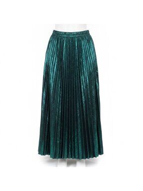 Trendz Womens Green Metallic Pleated Midi Skirt With Elastic Waist Size M